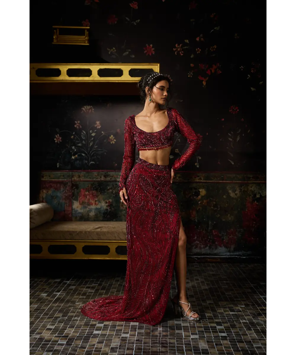 MAROON EMBELLISHED MERMAID LEHENAG SET