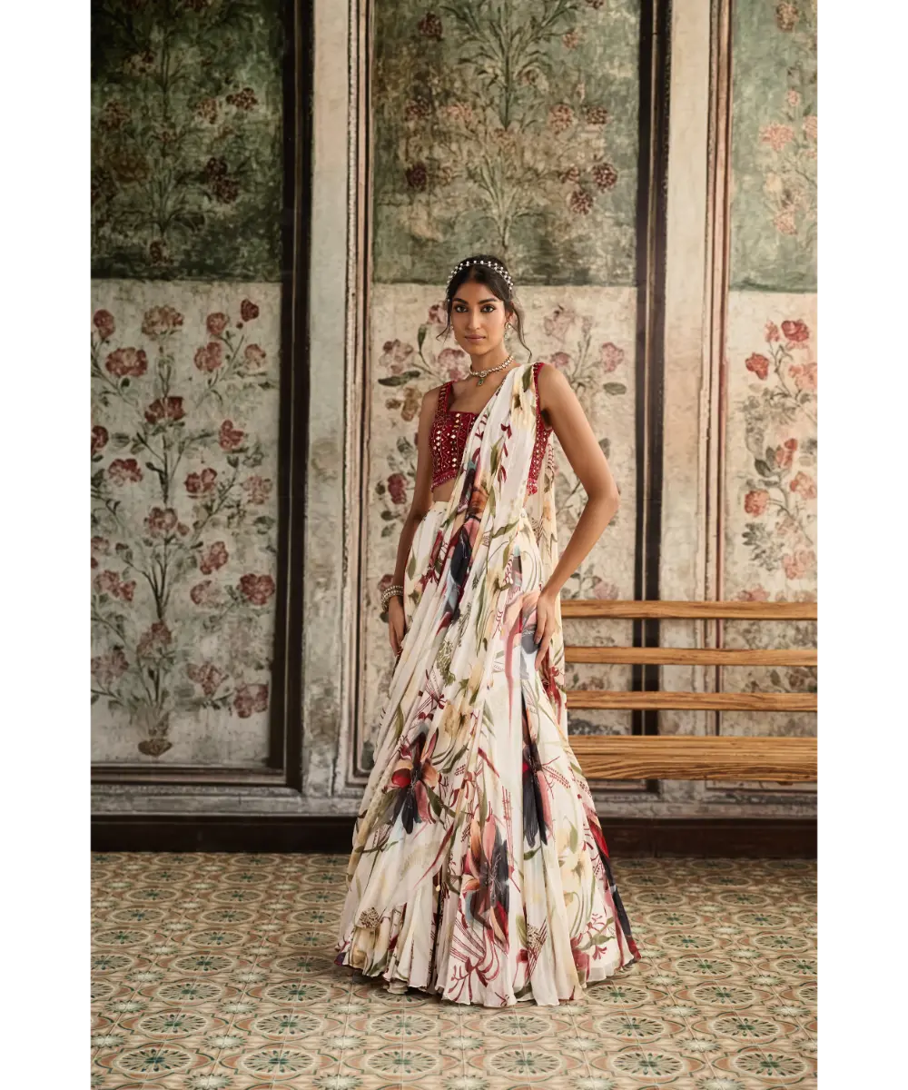 IVORY FLORAL PRINTED MERMAID SAREE SET