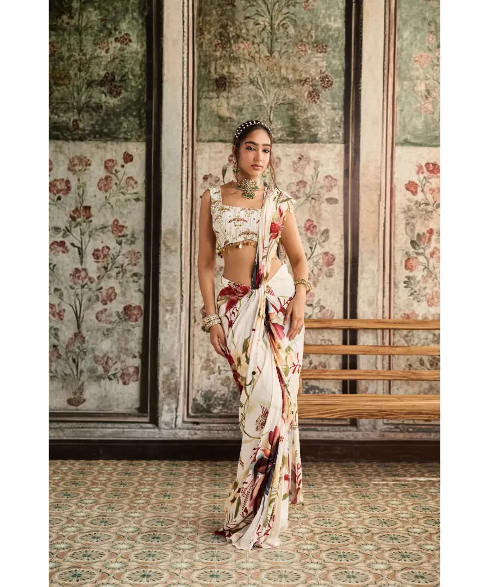 IVORY FLORAL PRINTED SKIRT SAREE SET