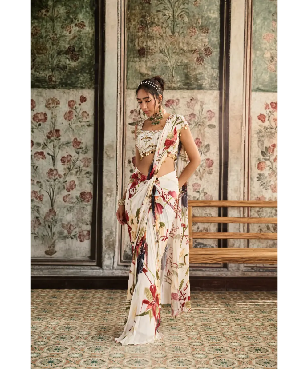 IVORY FLORAL PRINTED SKIRT SAREE SET