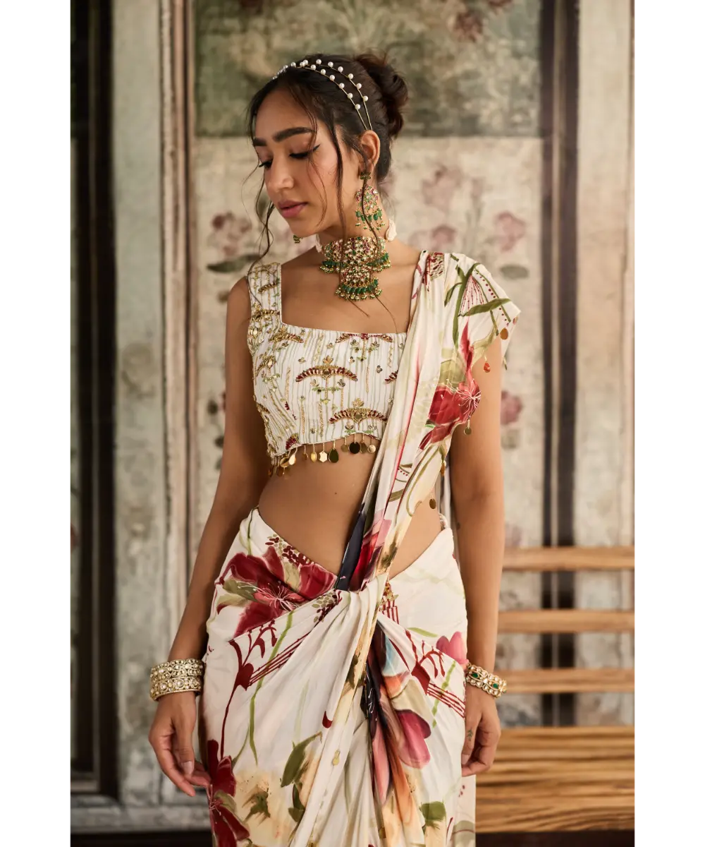 IVORY FLORAL PRINTED SKIRT SAREE SET