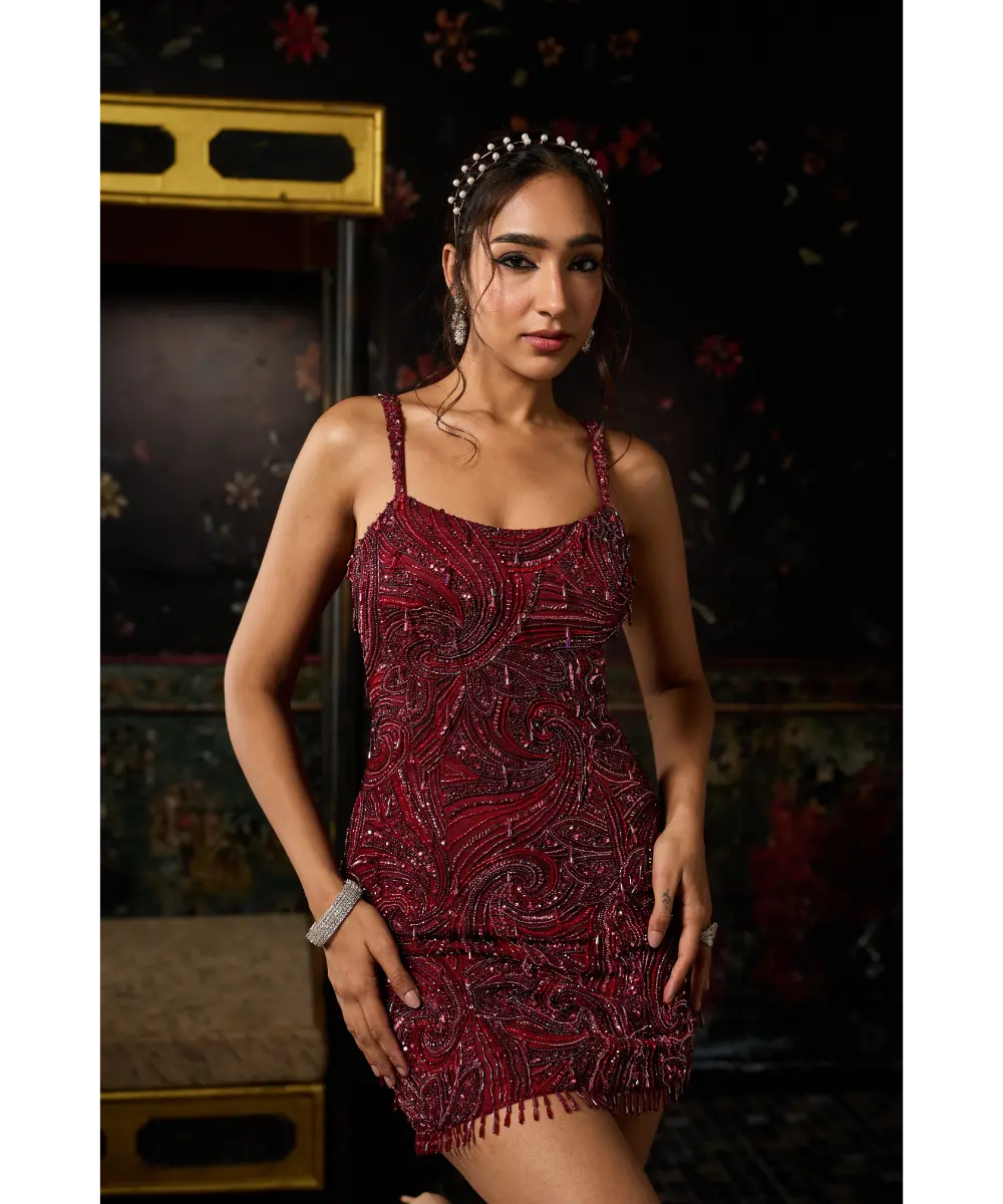 MAROON EMBELLISHED  MINI DRESS