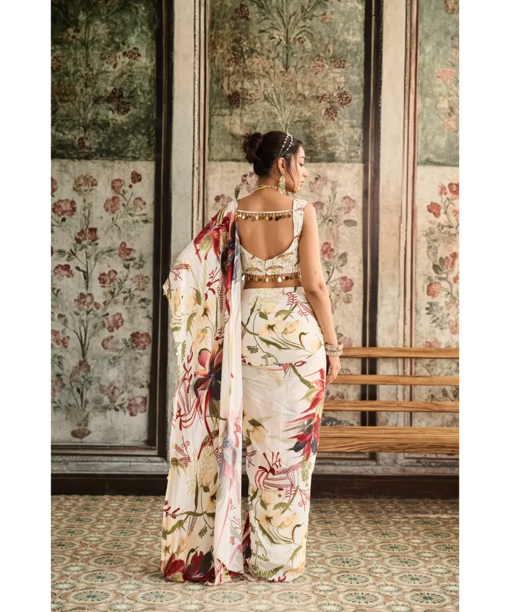 IVORY FLORAL PRINTED SKIRT SAREE SET
