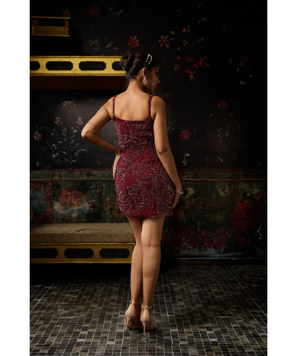 MAROON EMBELLISHED  MINI DRESS