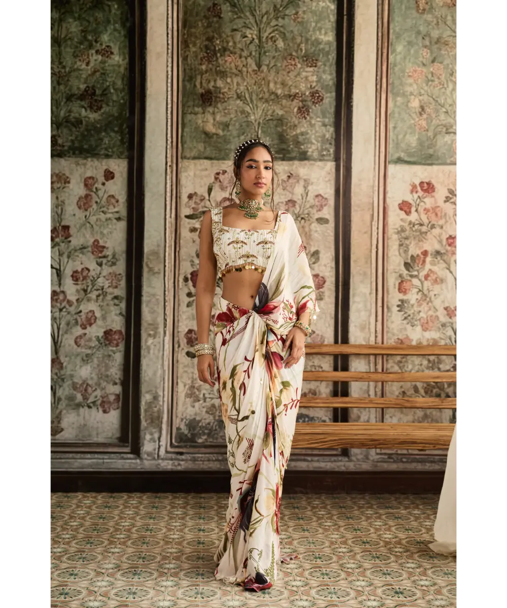 IVORY FLORAL PRINTED SKIRT SAREE SET