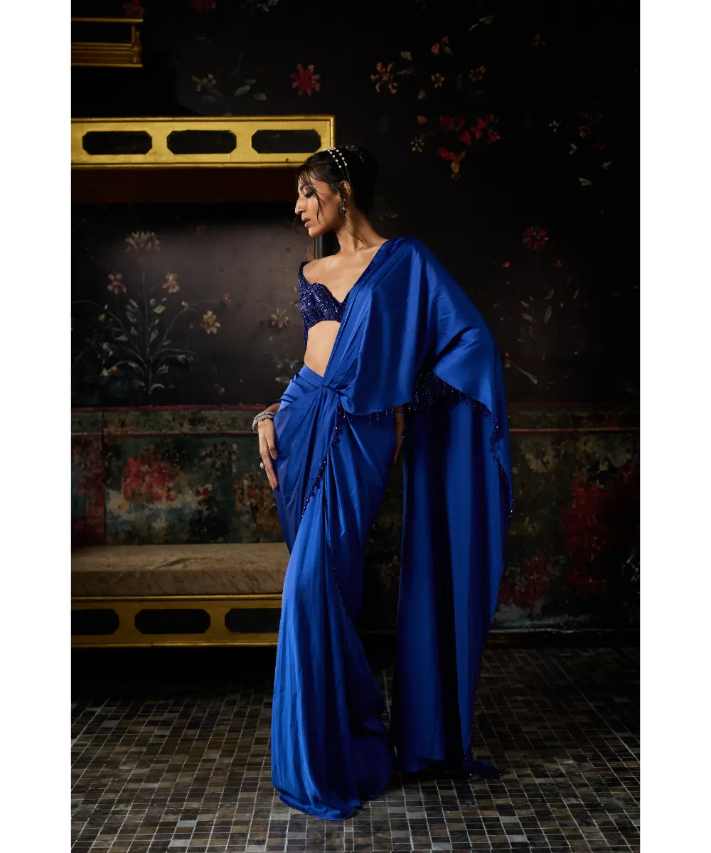 ELECTRIC BLUE EMBELLISHED DHOTI SKIRT SAREE SET