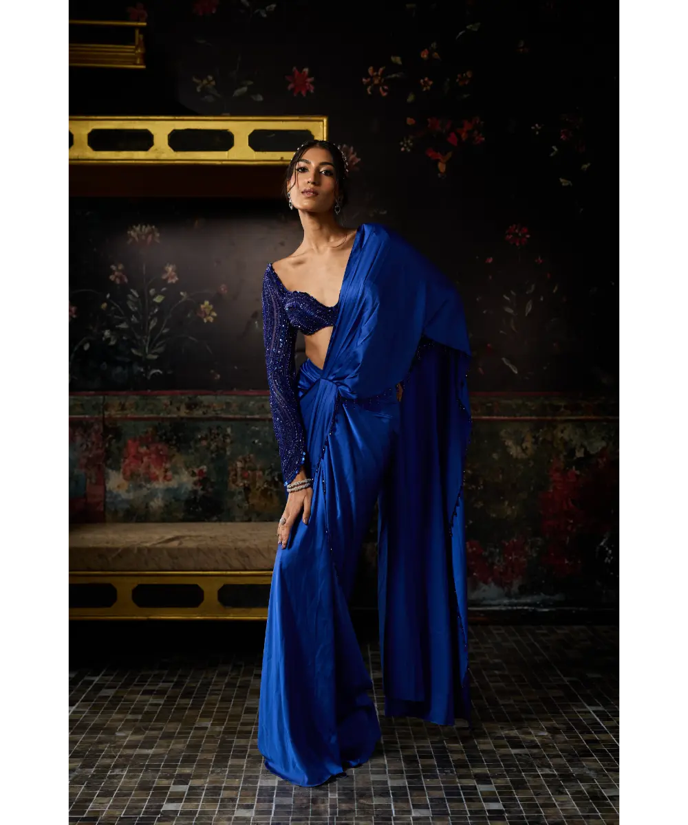 ELECTRIC BLUE EMBELLISHED DHOTI SKIRT SAREE SET