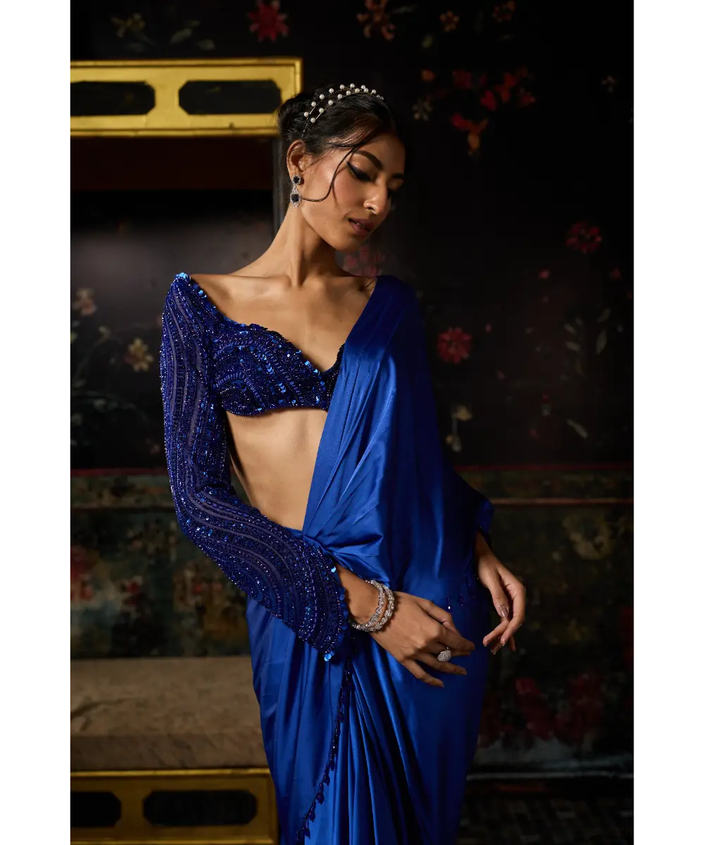 ELECTRIC BLUE EMBELLISHED DHOTI SKIRT SAREE SET