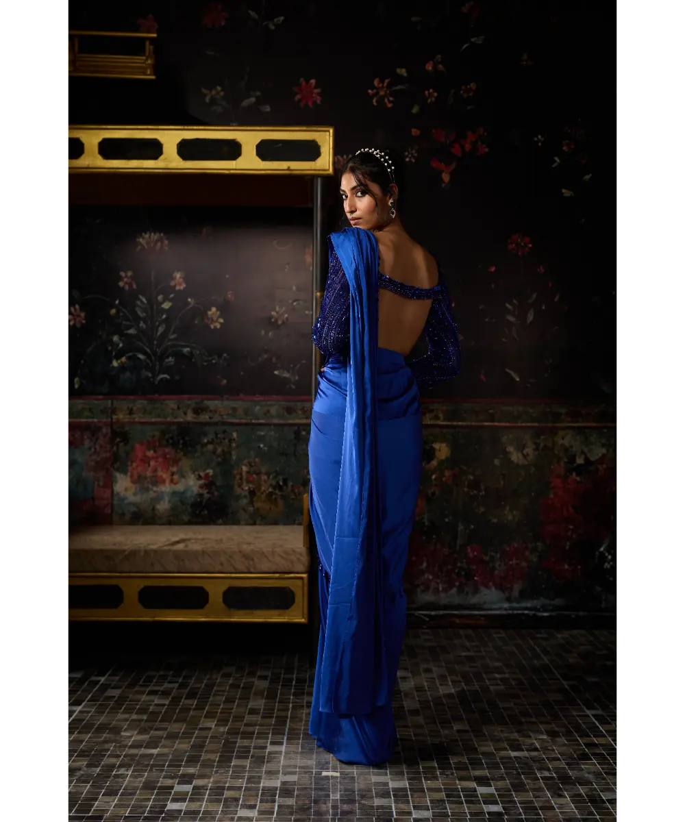 ELECTRIC BLUE EMBELLISHED DHOTI SKIRT SAREE SET