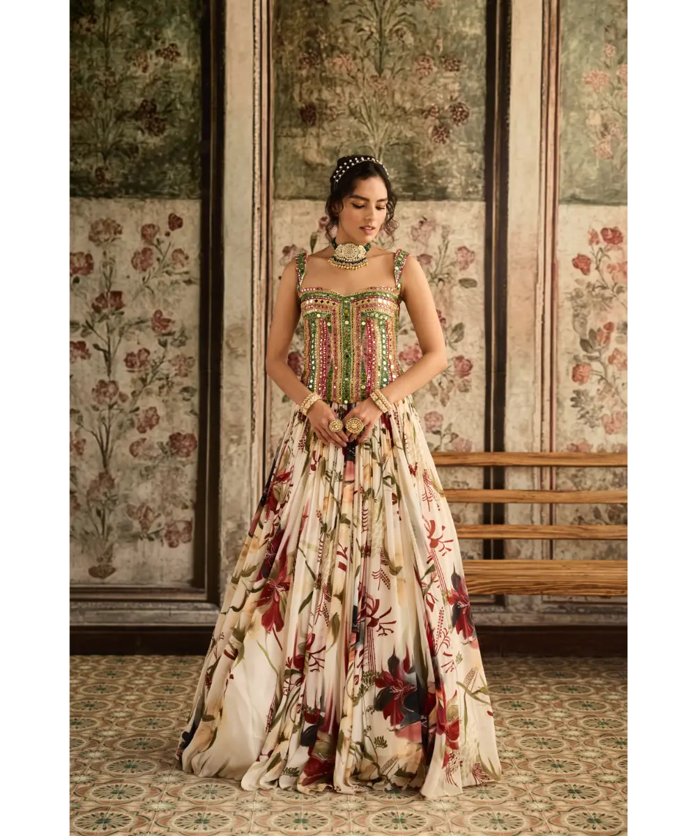 IVORY FLORAL PRINTED LEHENGA SET