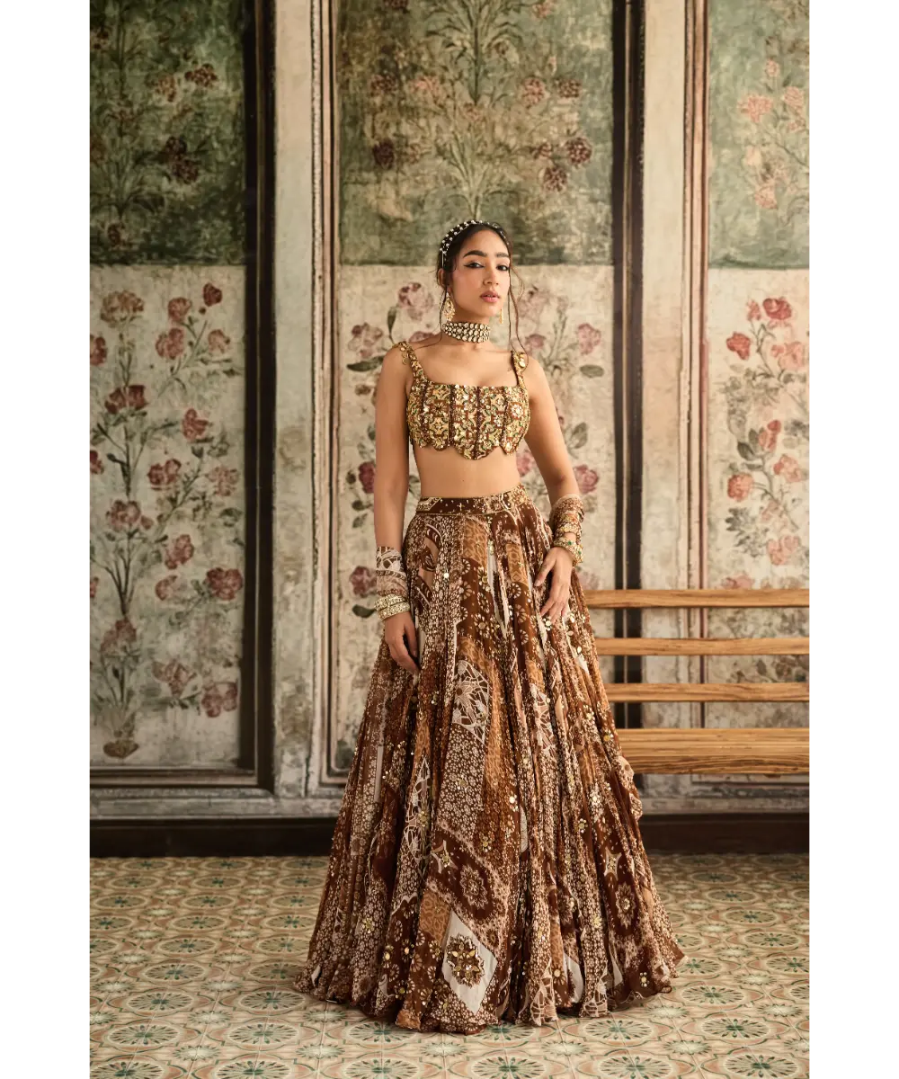 DIYARAJVVIR - Caramel Print and Highlighted Scallop Blouse Lehenga Set