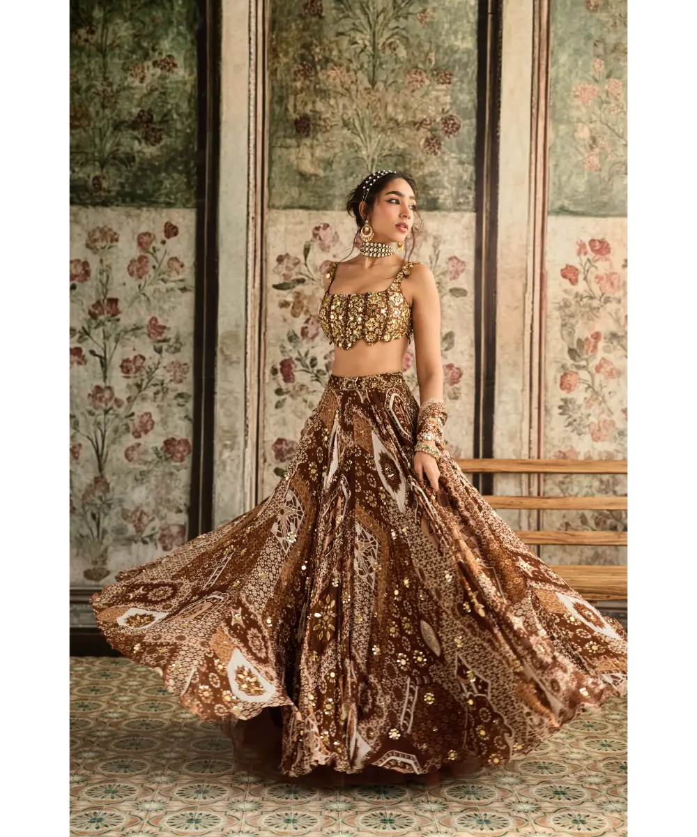 DIYARAJVVIR - Caramel Print and Highlighted Scallop Blouse Lehenga Set