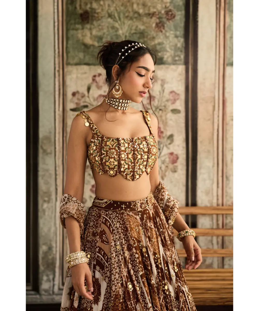 DIYARAJVVIR - Caramel Print and Highlighted Scallop Blouse Lehenga Set