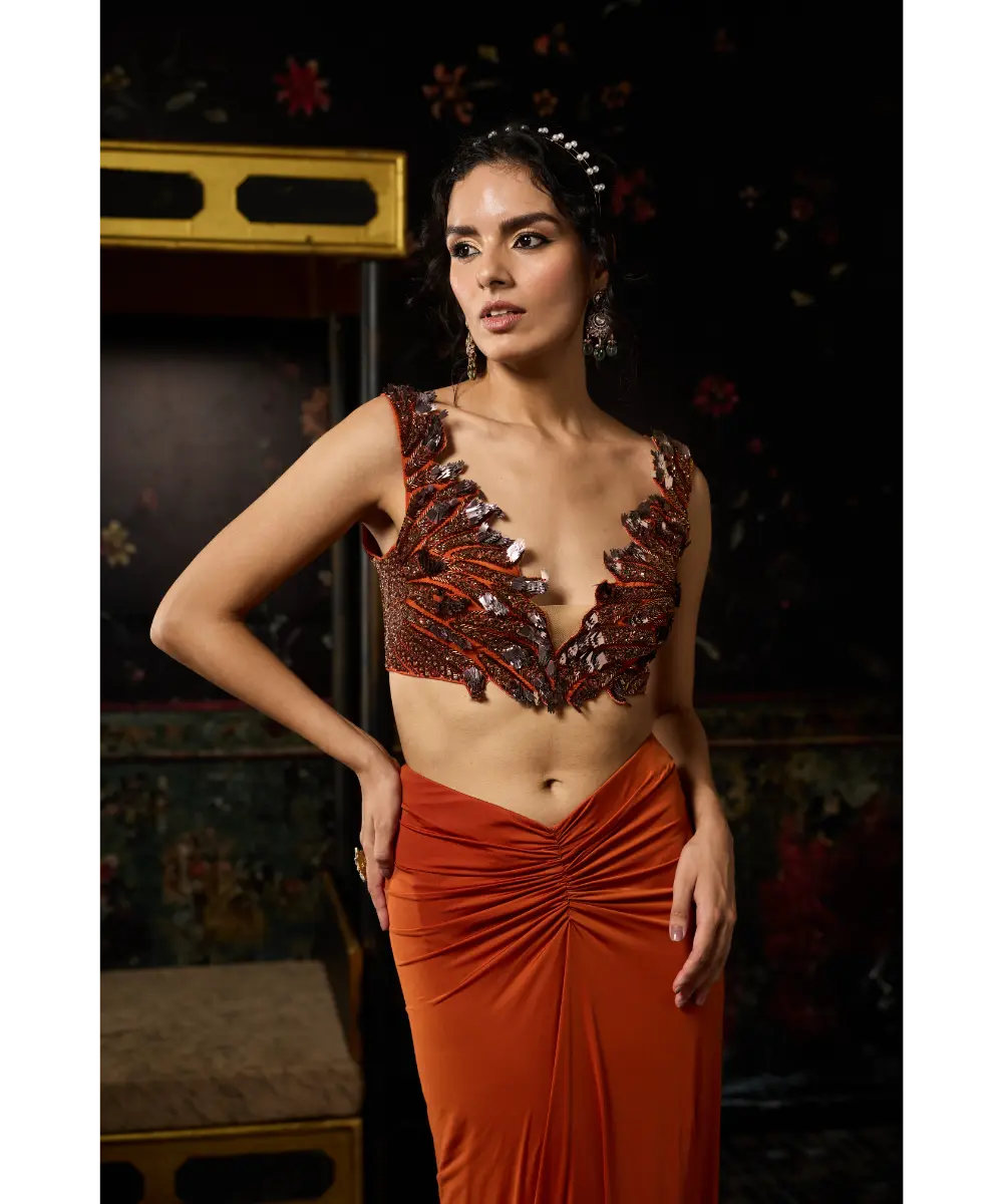 DIYARAJVVIR - RUST CUTWORK BLOUSE WITH DRAPED SKIRT SET