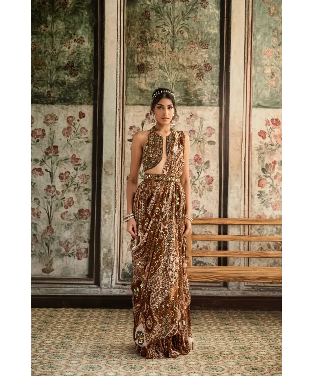 DIYARAJVVIR - Caramel Embroidered Halter Blouse and Caramel Print & Highlighted Saree Set