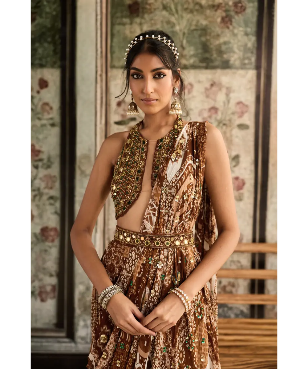 DIYARAJVVIR - Caramel Embroidered Halter Blouse and Caramel Print & Highlighted Saree Set