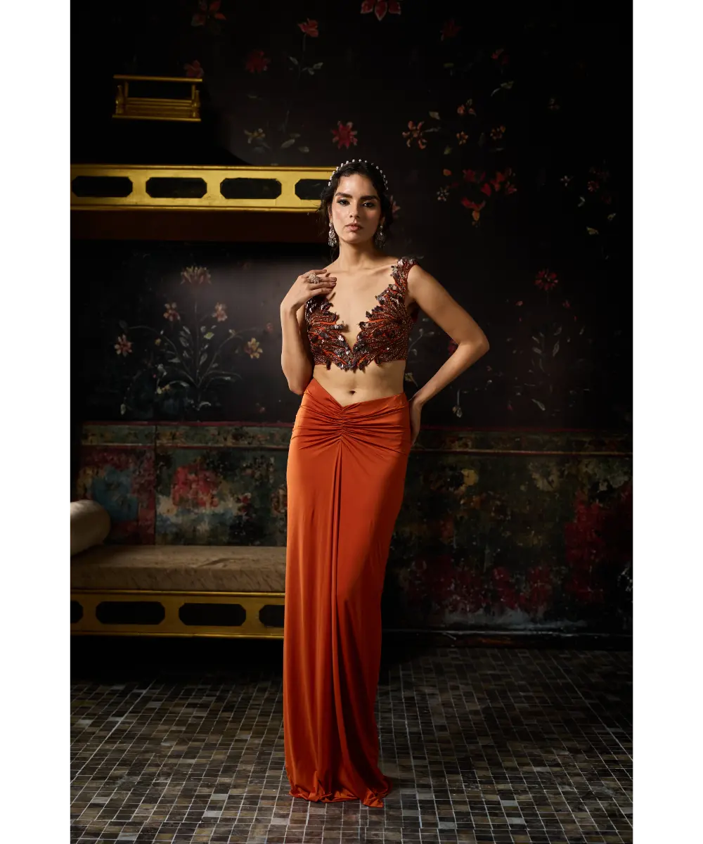 DIYARAJVVIR - RUST CUTWORK BLOUSE WITH DRAPED SKIRT SET