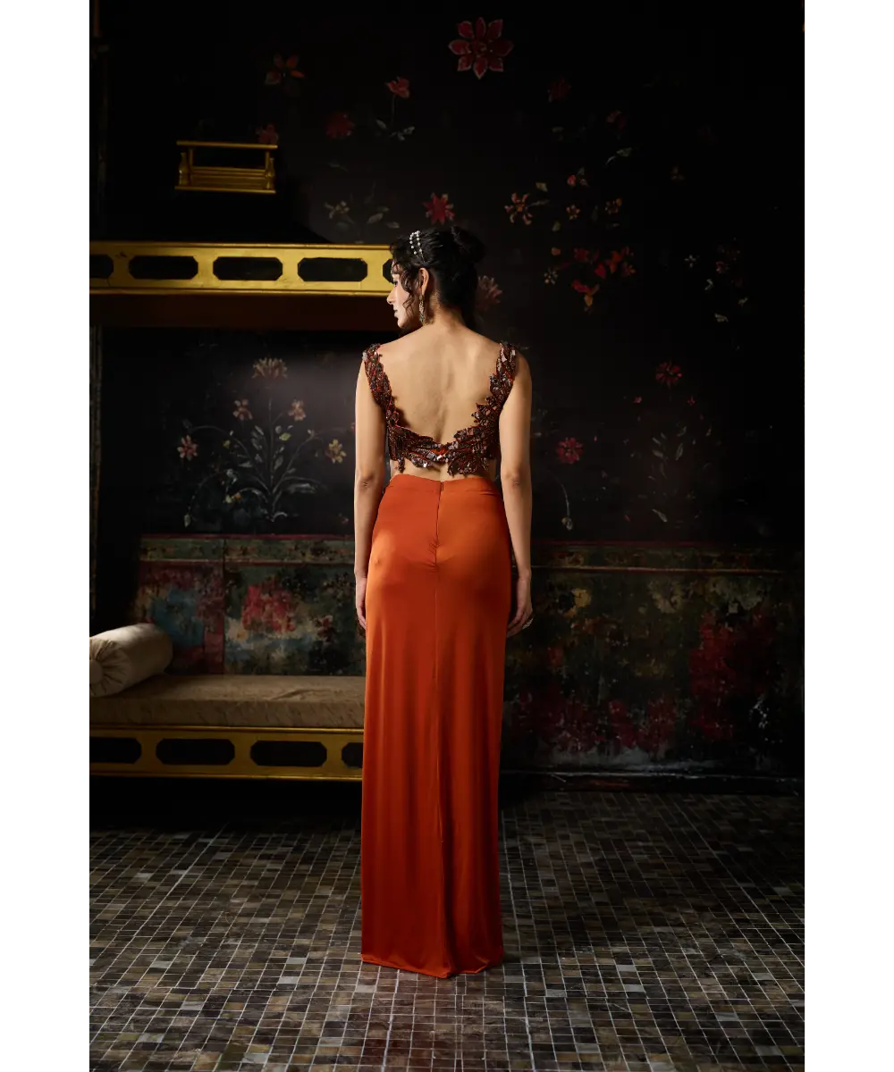 DIYARAJVVIR - RUST CUTWORK BLOUSE WITH DRAPED SKIRT SET