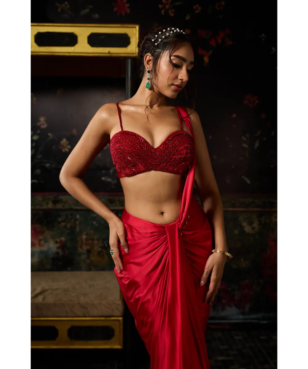 RED EMBELLISHED BLOUSE WITH DRAPE SKIRT SAREE SET