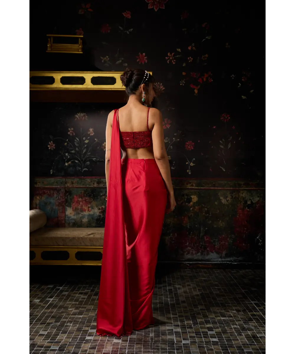 RED EMBELLISHED BLOUSE WITH DRAPE SKIRT SAREE SET