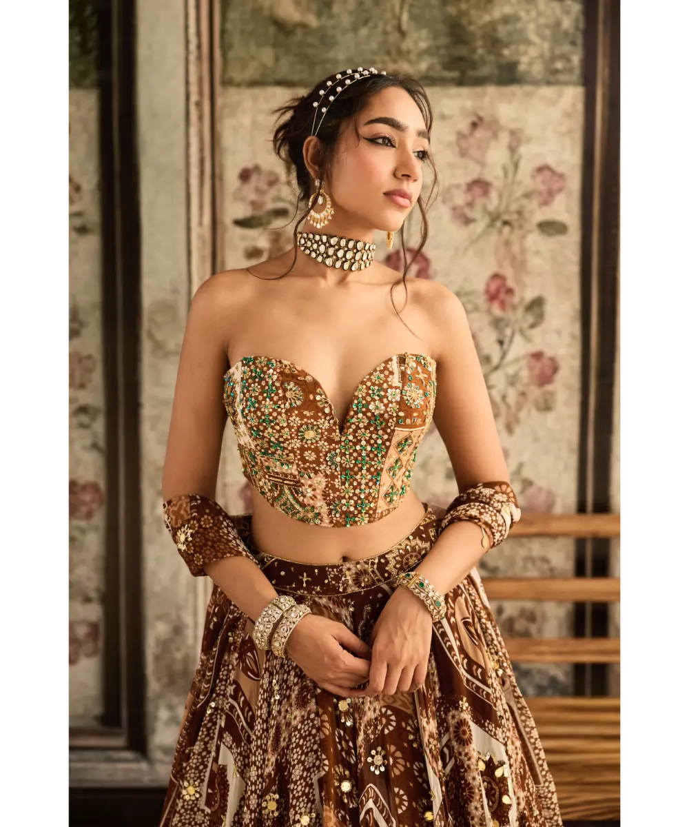 DIYARAJVVIR - Caramel Print and Highlighted Corset Top with Lehenga Set