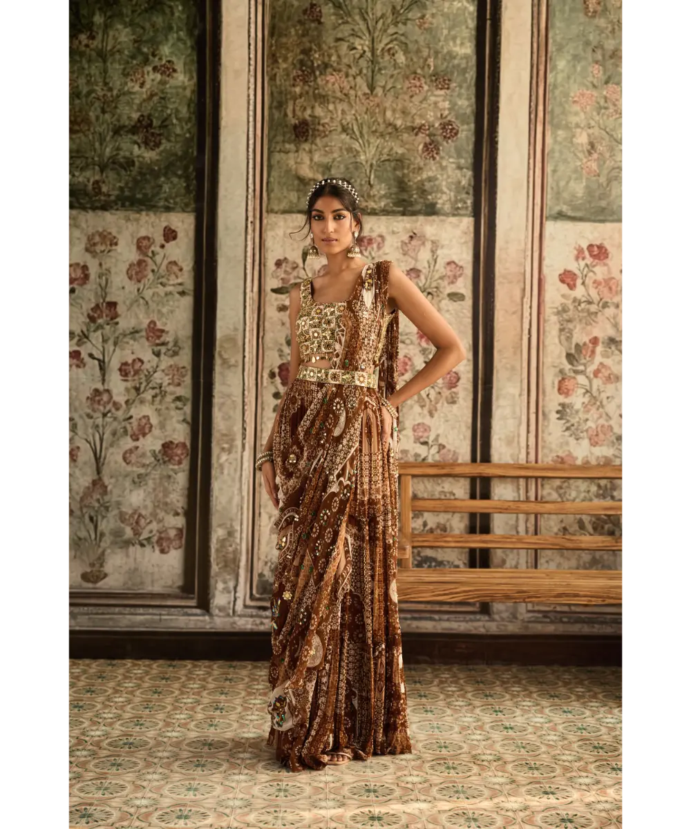 DIYARAJVVIR - Ivory Butta Print and Highlighted Square Neck Blouse with Caramel Print and Highlighted Tiered Skirt Saree Set