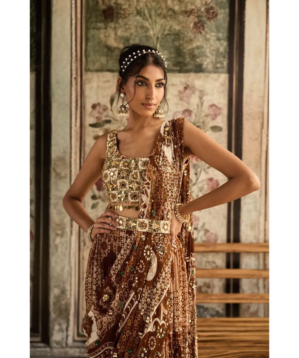 DIYARAJVVIR - Ivory Butta Print and Highlighted Square Neck Blouse with Caramel Print and Highlighted Tiered Skirt Saree Set