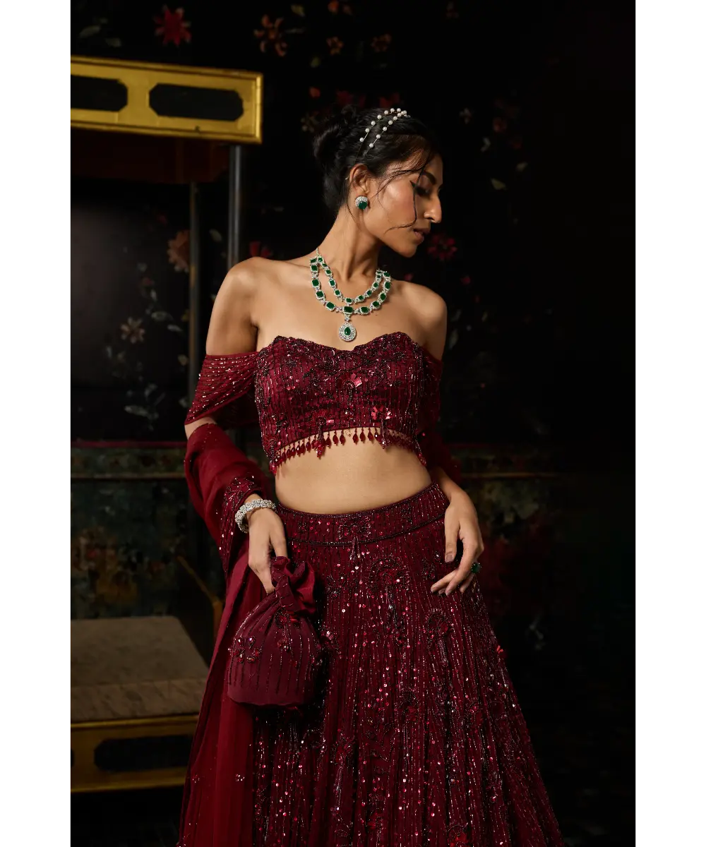 DIYARAJVVIR - MAROON EMBELLISHED 3D FLORAL LEHENGA SET