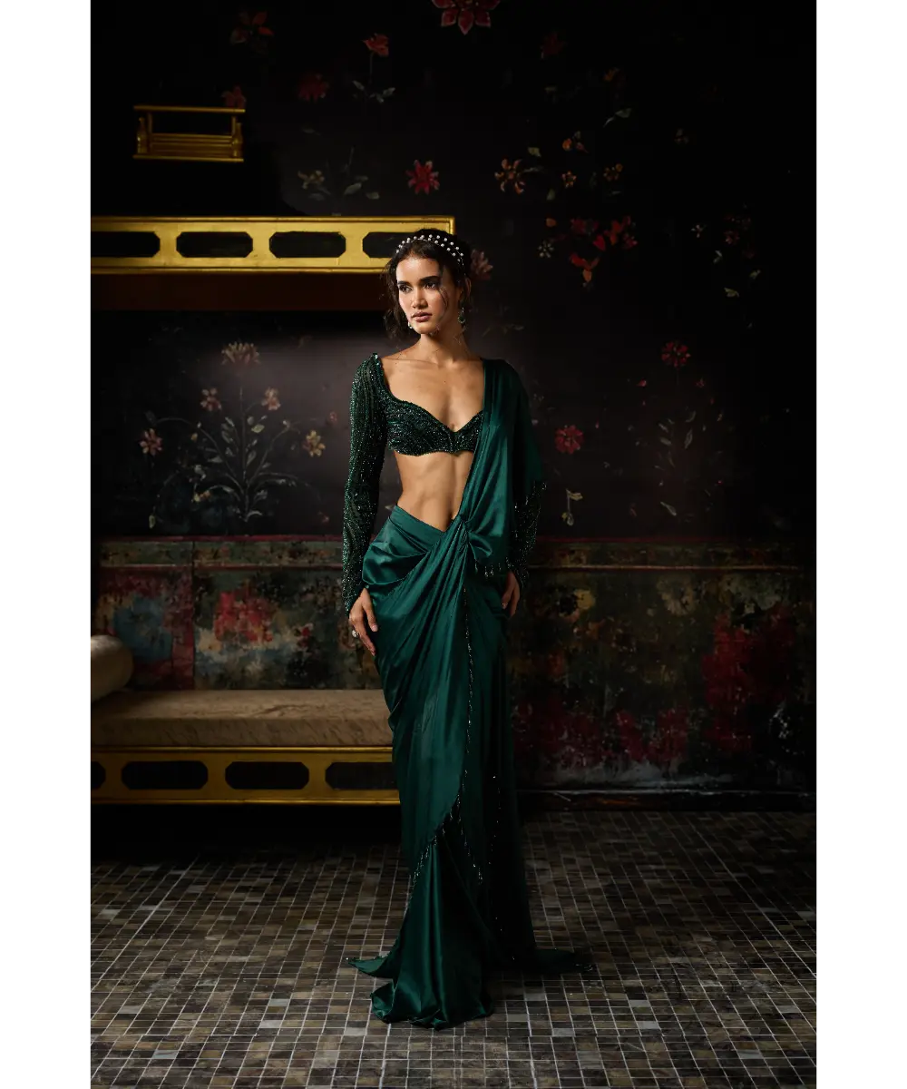 DIYARAJVVIR - EMERALD GREEN EMBELLISHED DHOTI SKIRT SAREE SET