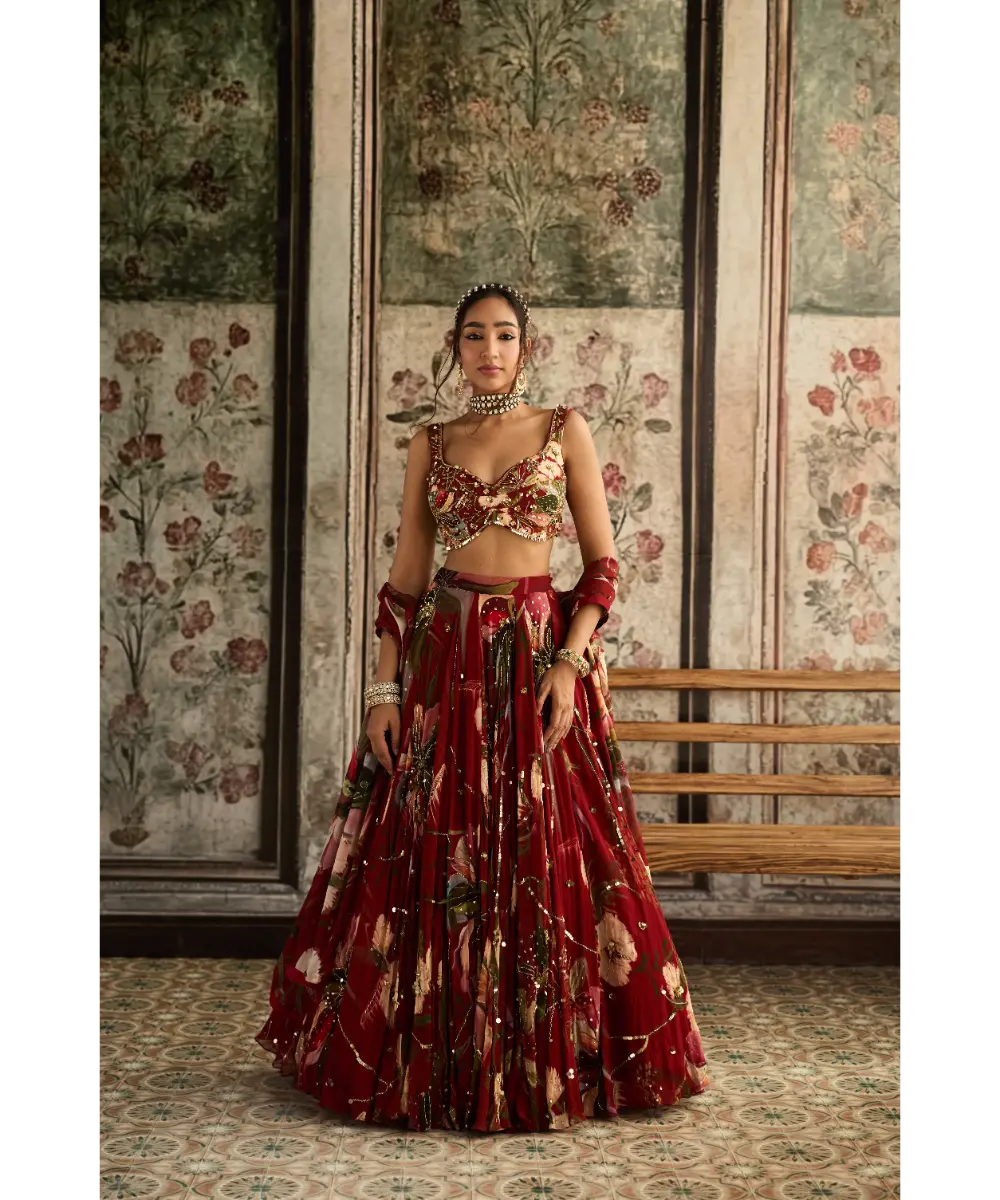 DIYARAJVVIR - Red Floral Print and Highlighted Lehenga Set
