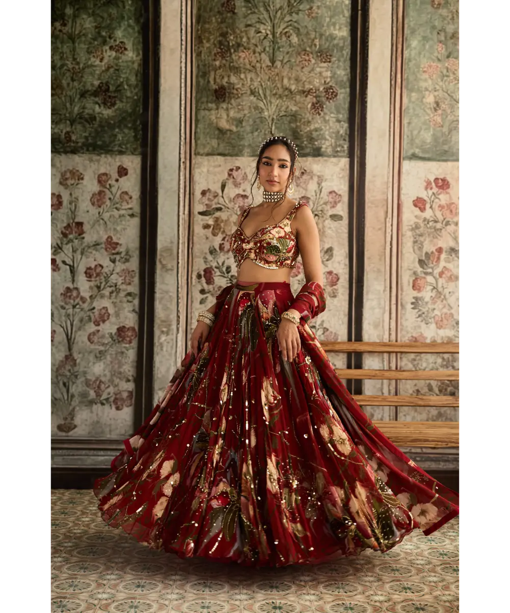 DIYARAJVVIR - Red Floral Print and Highlighted Lehenga Set