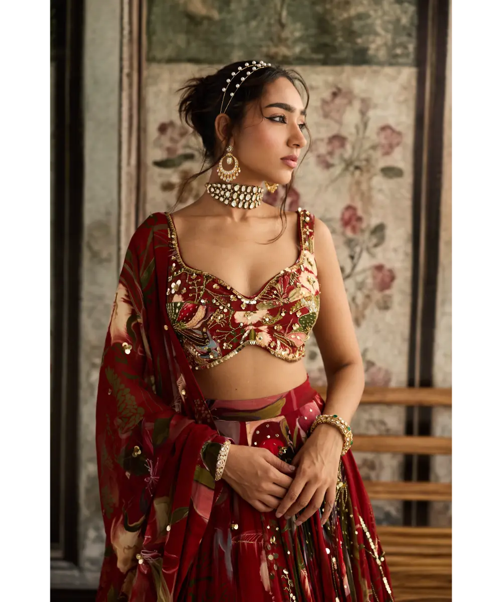 DIYARAJVVIR - Red Floral Print and Highlighted Lehenga Set