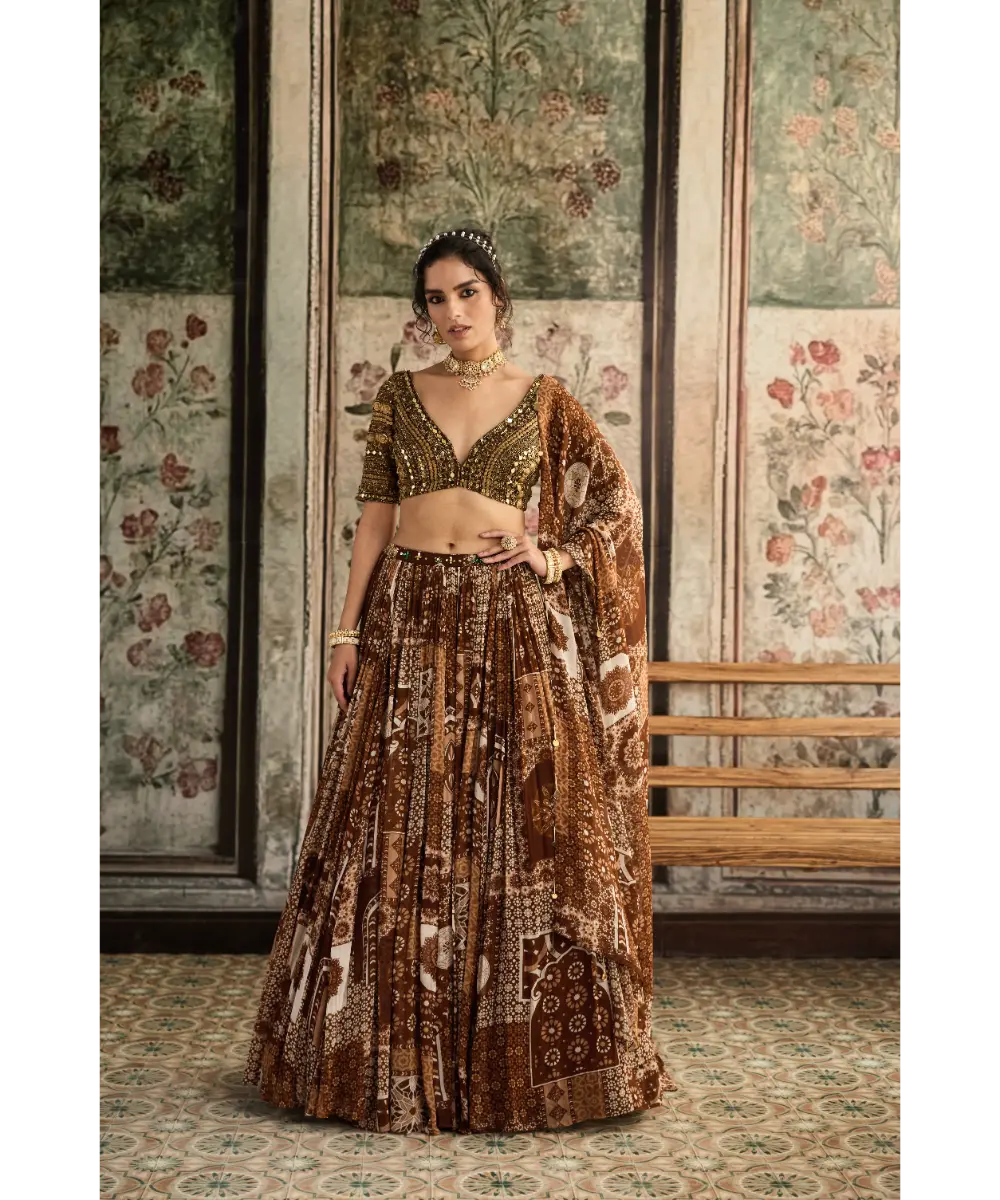Caramel Metallic Embroidered Blouse and Caramel Printed Lehenga Set
