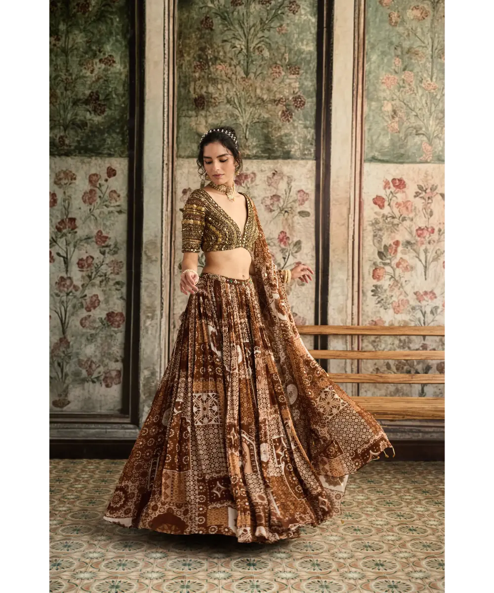Caramel Metallic Embroidered Blouse and Caramel Printed Lehenga Set