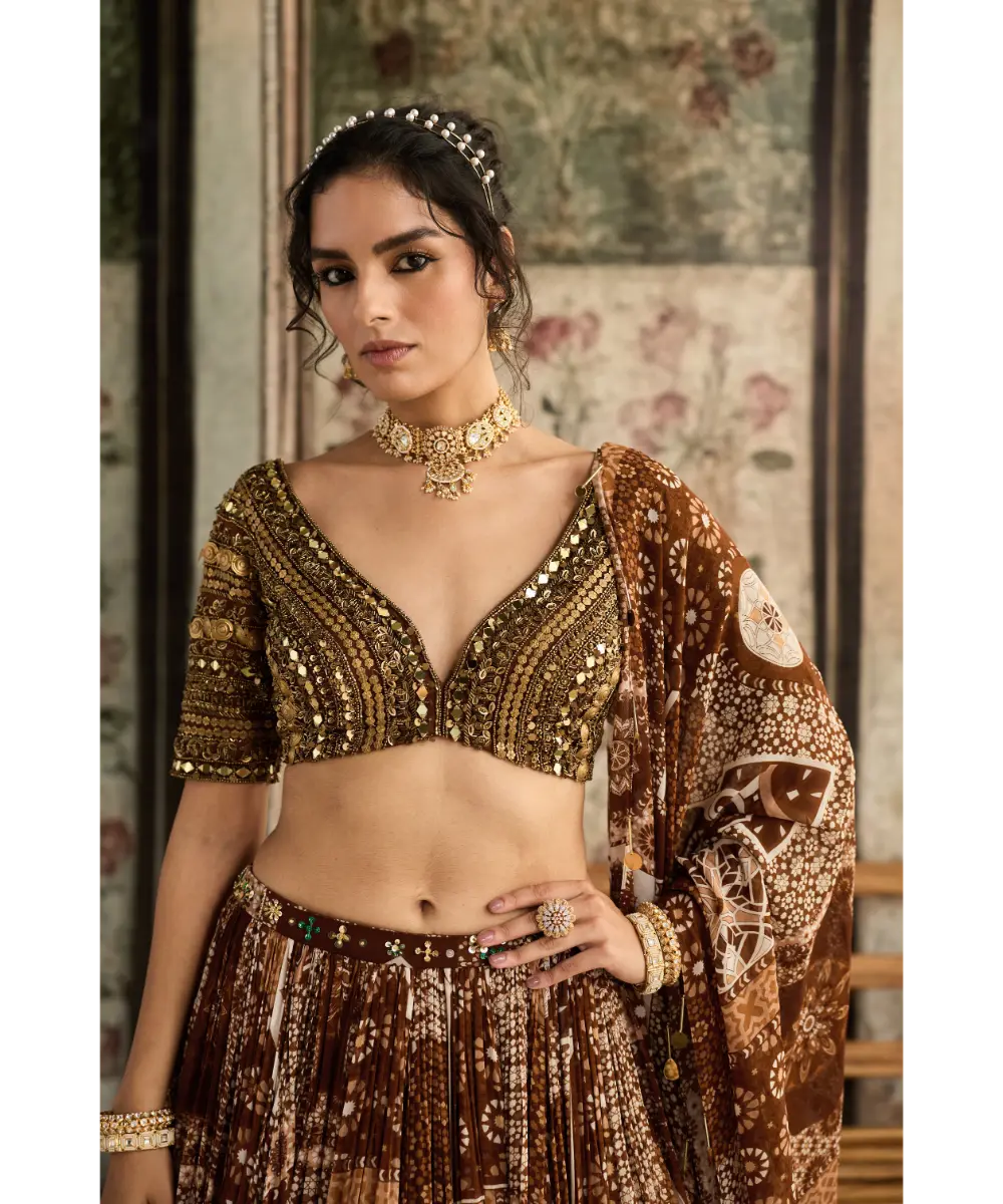 Caramel Metallic Embroidered Blouse and Caramel Printed Lehenga Set