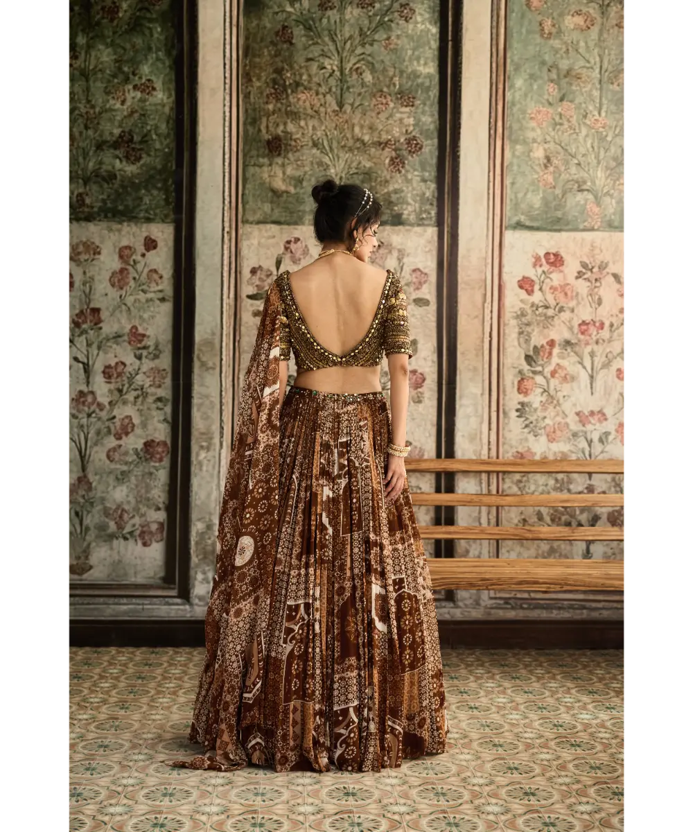 Caramel Metallic Embroidered Blouse and Caramel Printed Lehenga Set