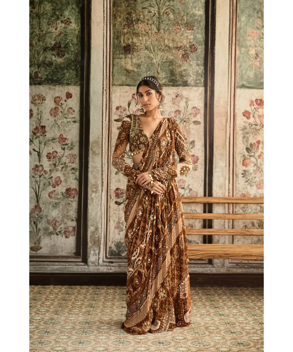 DIYARAJVVIR - Caramel Print and Highlighted Plunge Neck Blouse with Sharara Saree Set