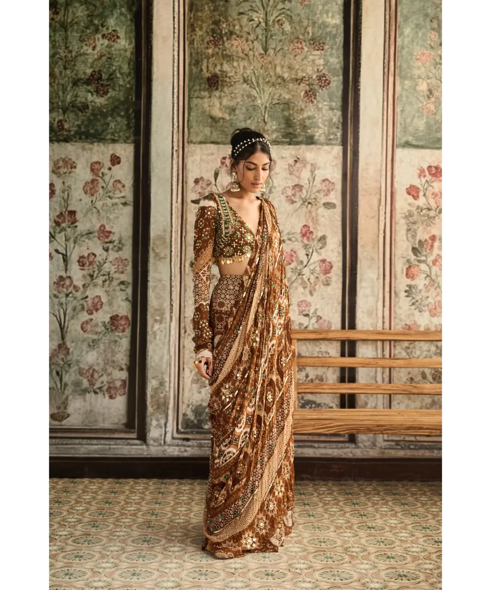 DIYARAJVVIR - Caramel Print and Highlighted Plunge Neck Blouse with Sharara Saree Set