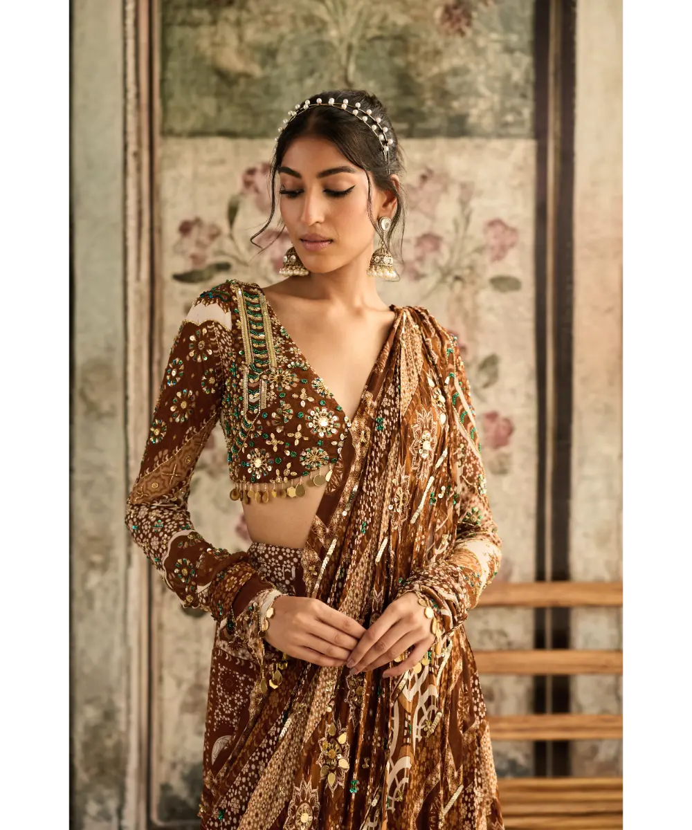 DIYARAJVVIR - Caramel Print and Highlighted Plunge Neck Blouse with Sharara Saree Set