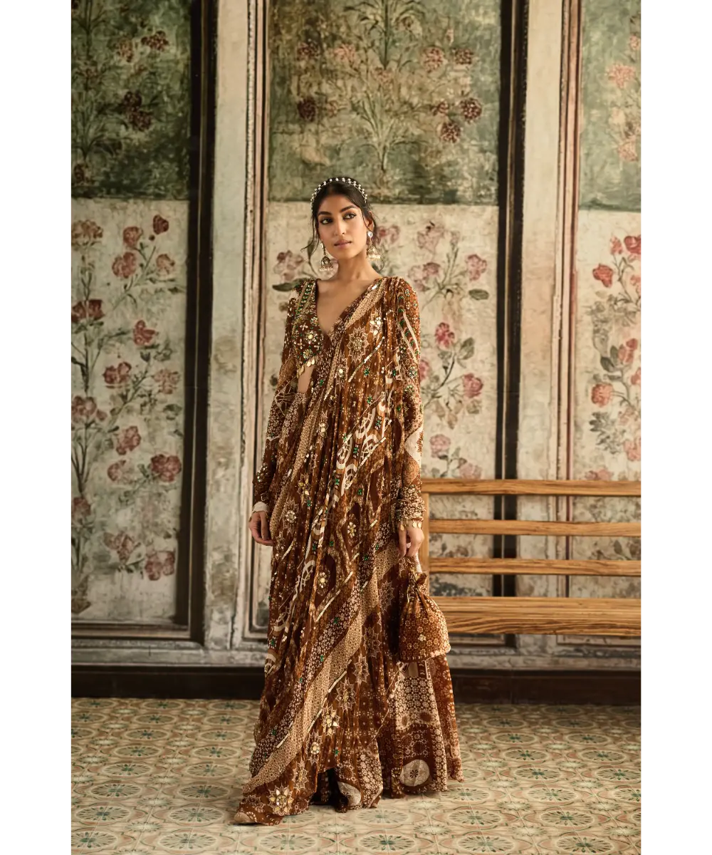 DIYARAJVVIR - Caramel Print and Highlighted Plunge Neck Blouse with Sharara Saree Set