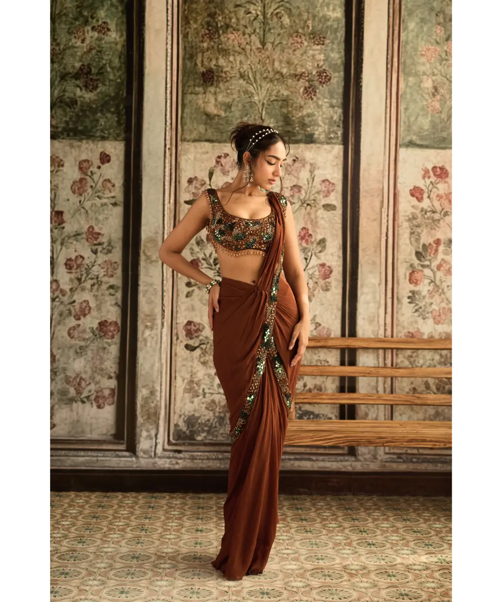 DIYARAJVVIR - Caramel Embroidered Pre-Draped Saree Set