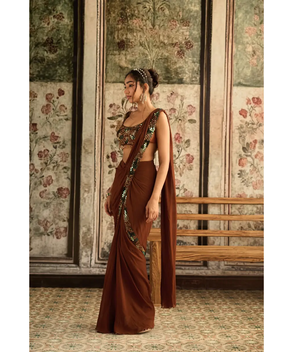 DIYARAJVVIR - Caramel Embroidered Pre-Draped Saree Set
