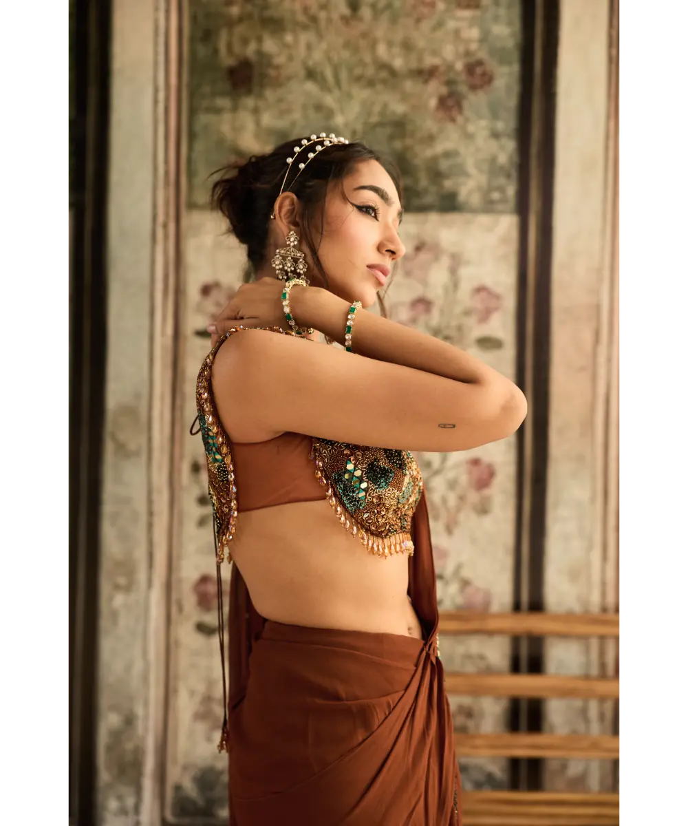 Caramel Embroidered Pre-Draped Saree Set