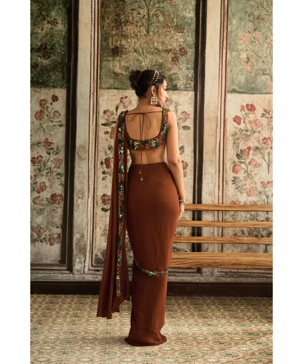 Caramel Embroidered Pre-Draped Saree Set