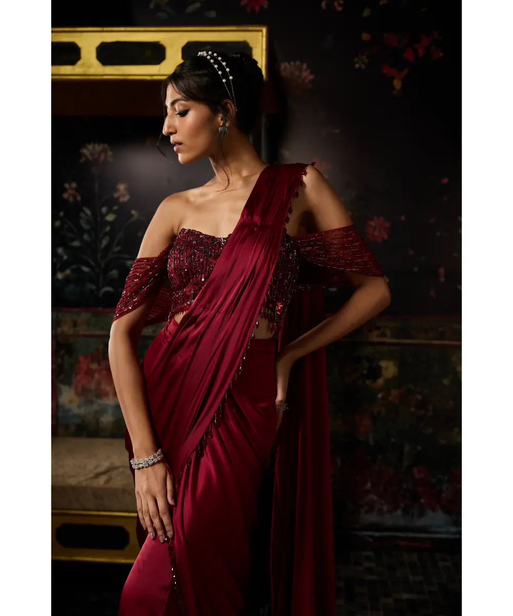 DIYARAJVVIR - MAROON EMBELLISHED SHARARA SAREE SET
