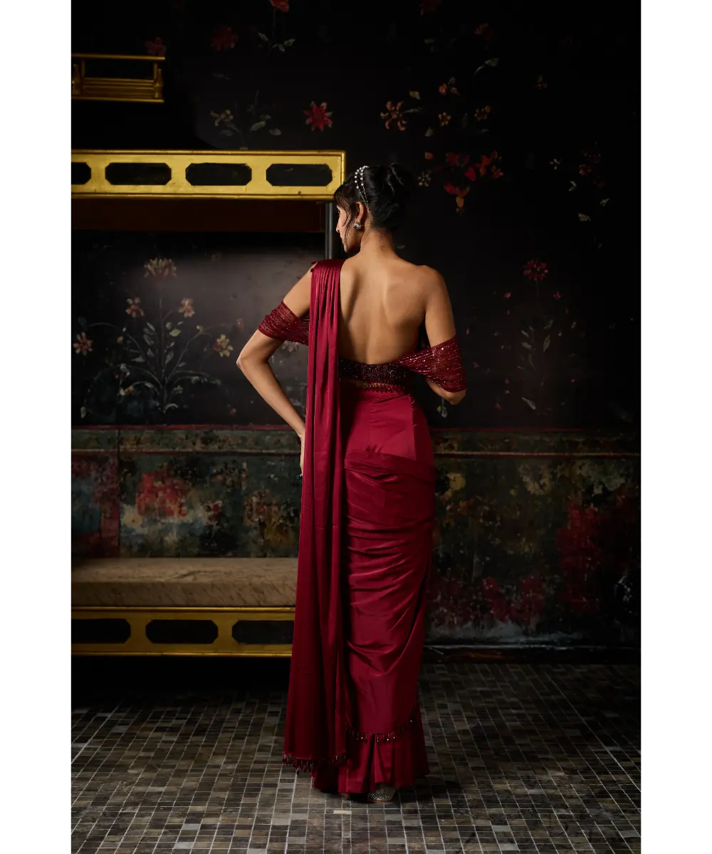 DIYARAJVVIR - MAROON EMBELLISHED SHARARA SAREE SET