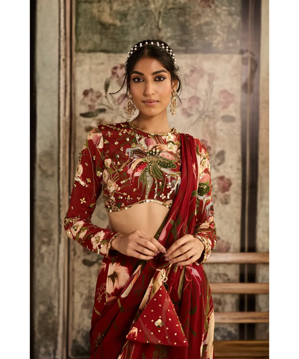 DIYARAJVVIR - Red Floral Printed Skirt Saree Set