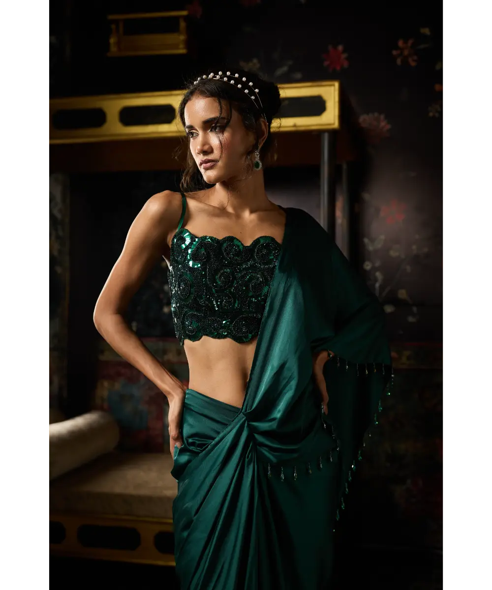 EMERALD GREEN EMBELLISHED DHOTI SKIRT SAREE SET