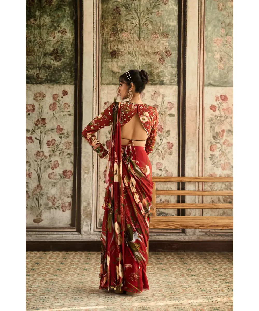 DIYARAJVVIR - Red Floral Printed Skirt Saree Set
