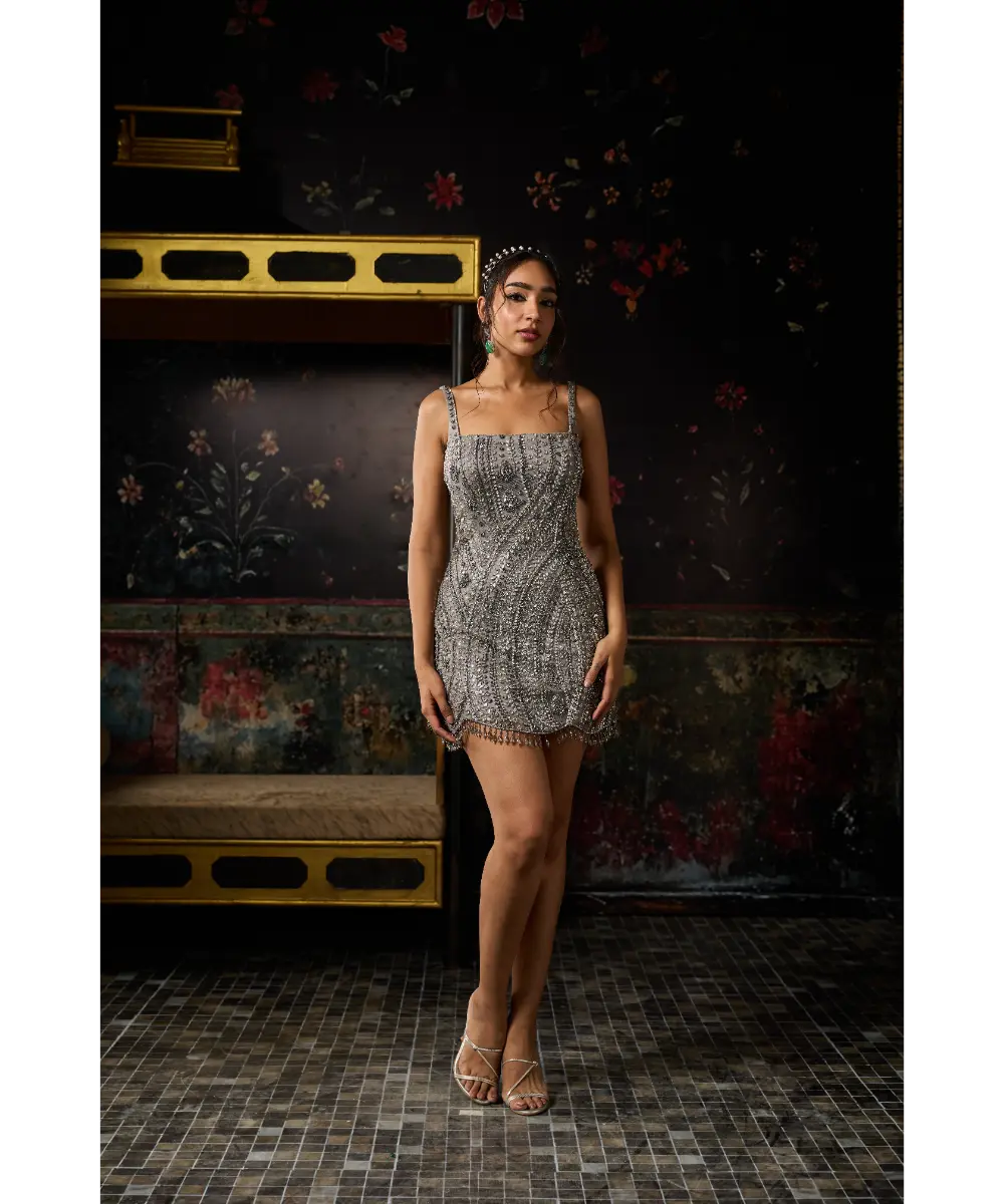 DIYARAJVVIR - GREY GUNMETAL SWIRL EMBELLISHED MINI DRESS